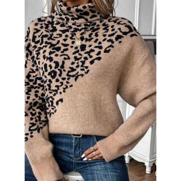 Sweaters - Casual Camel Leopard Print Pattern Pullover